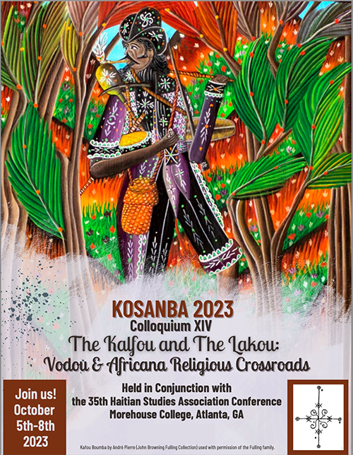 Poster for Kosanba colloquium featuring a vibrant Haitian painting of a Black man walking along a path with trees on either side